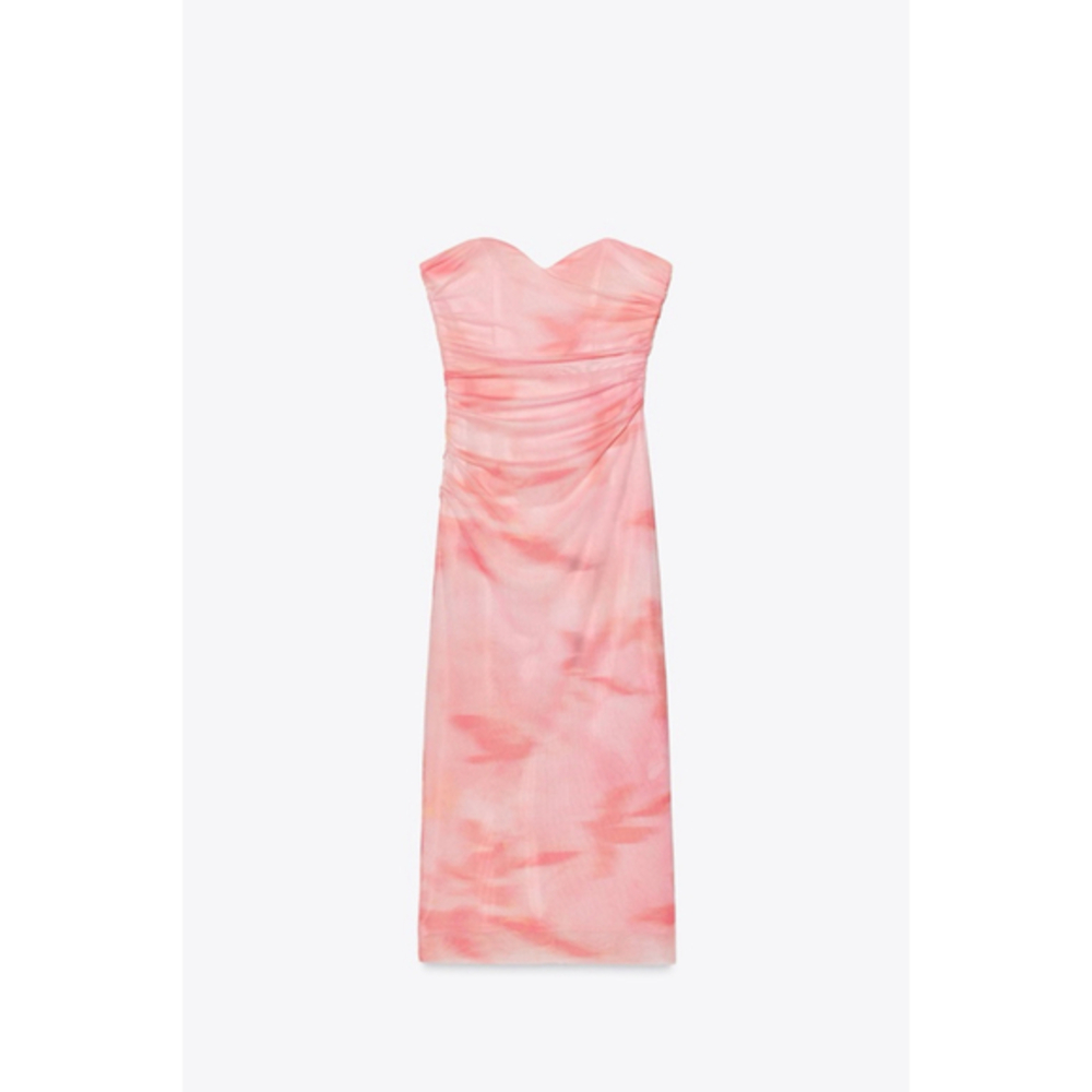 Zara Rouched Tie Dye Dress Strapless Sweetheart Pink Tulle Layered Midi Maxi New